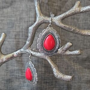 Elegant Silver and Red Teardrop Earrings